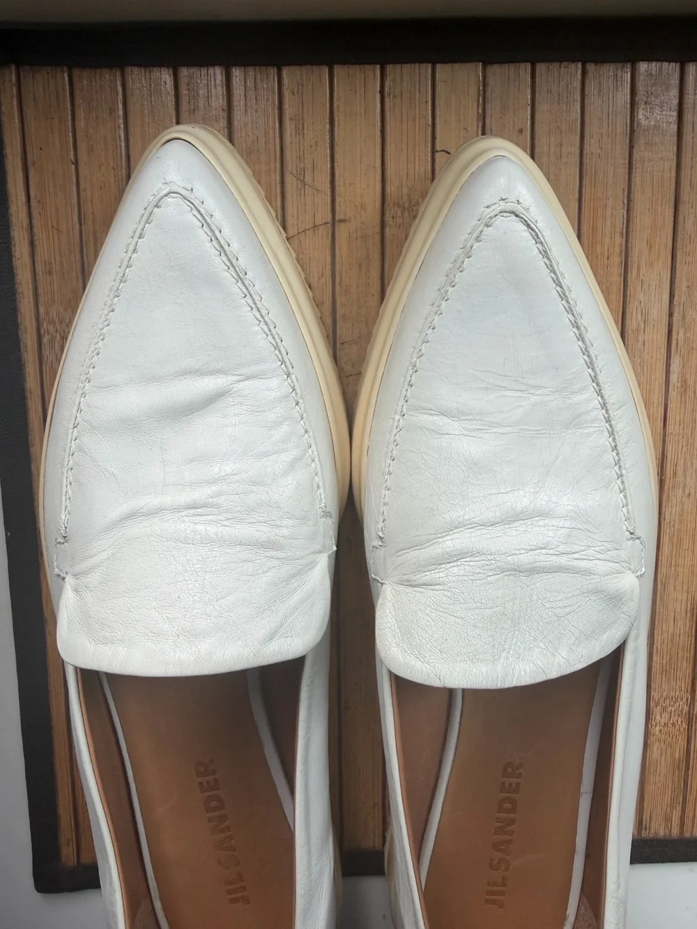 Jill Sander white crinkled leather shoes/loafers. Unisex(Mens 39/11 inch insole)